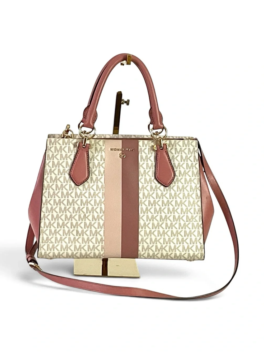 Michael Kors -“MARILYN”-medium logo striped satchel